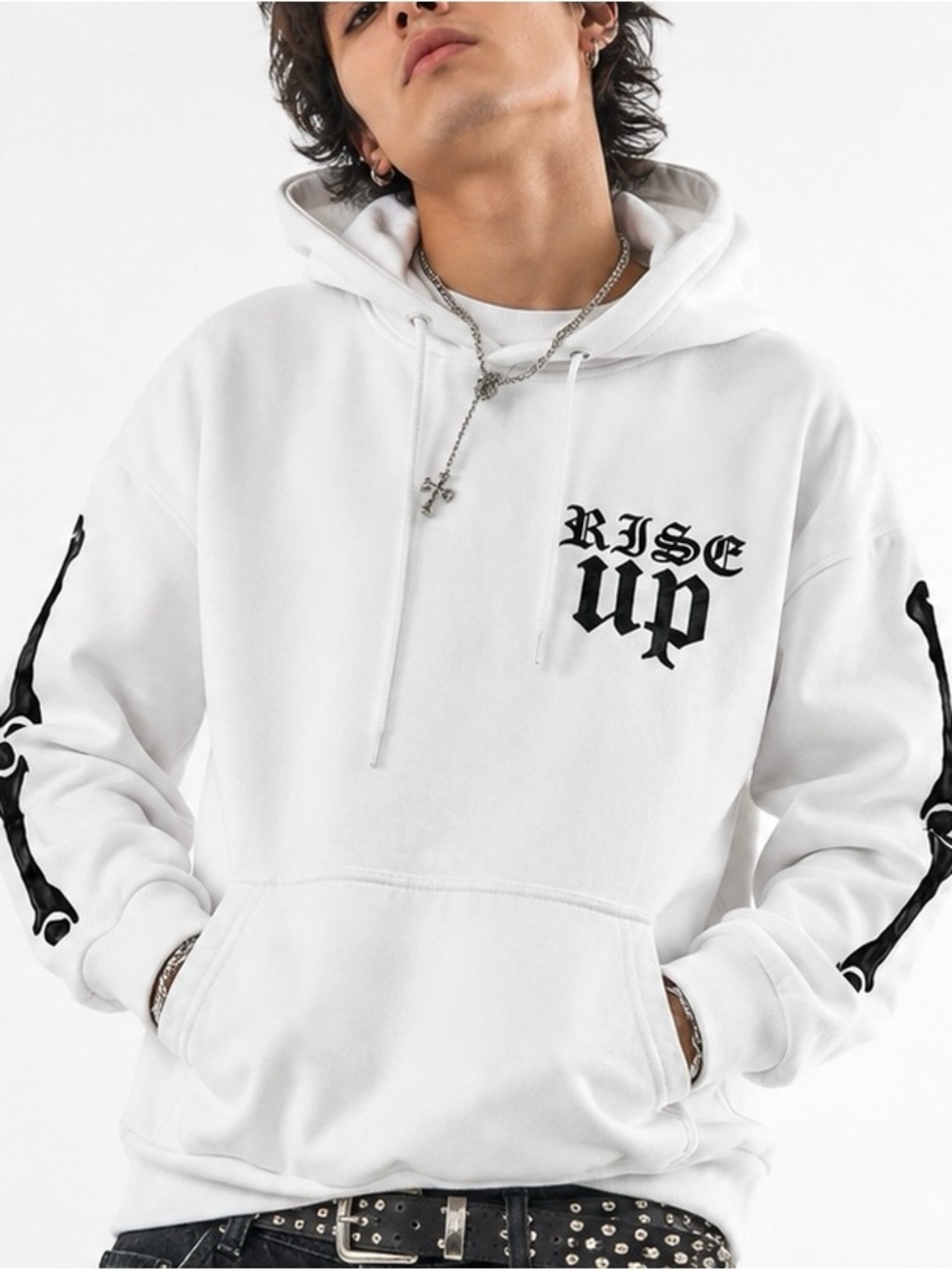 Reelistik White Skeleton Graphic Hoodie Gothic Streetwear Pullover Size M/L